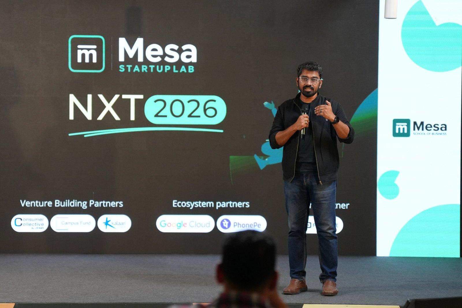 Subhadeep Mondal speaking on stage at Mesa Startup Lab NXT 2026