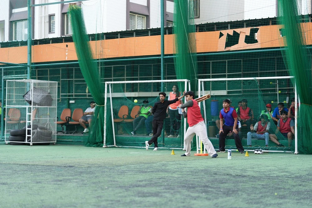 A batter facing a delivery in the cricket nets